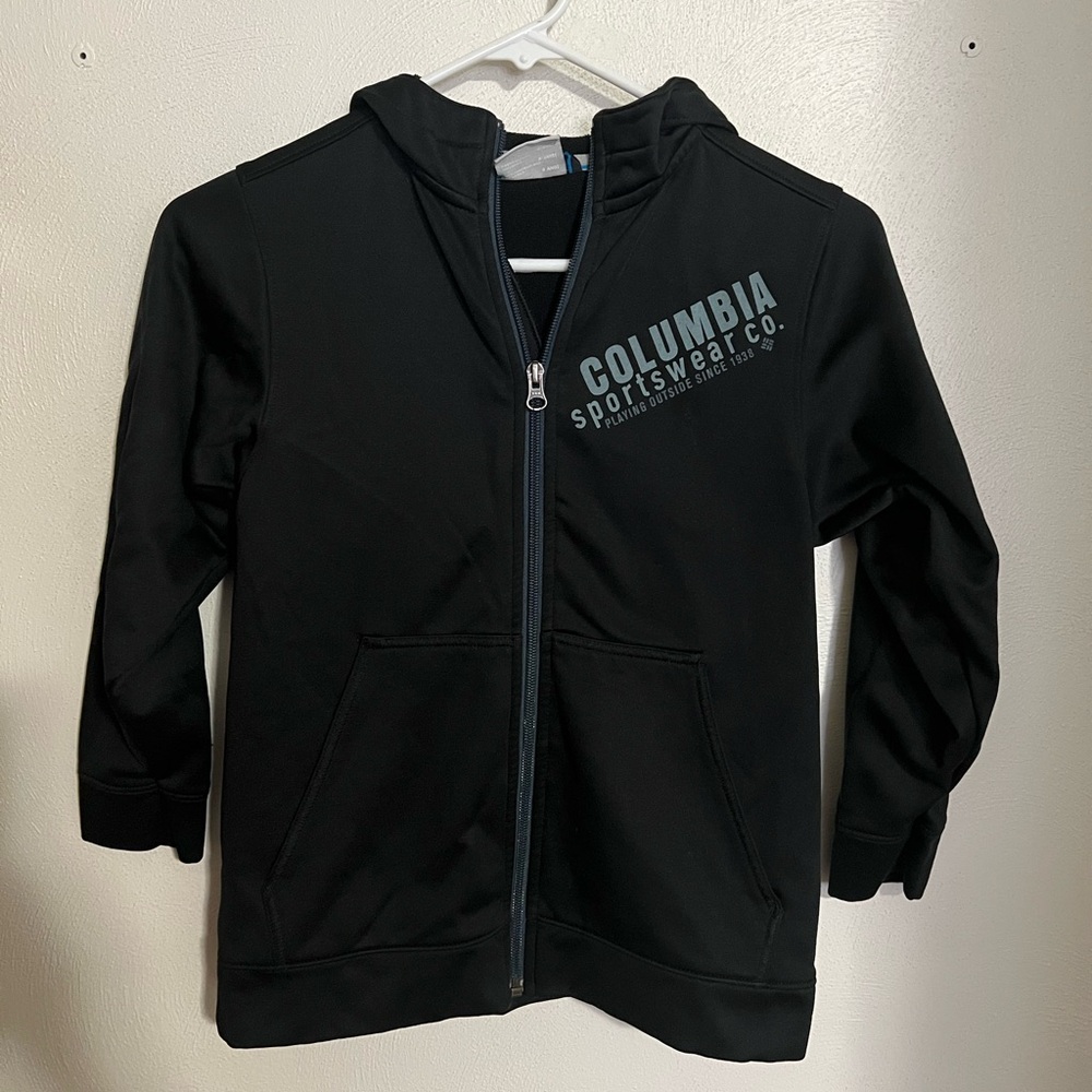 COLUMBIA Classic Full Zip Logo Hooded Fleece Jacket Black Grey Kid's Size 8 GUC